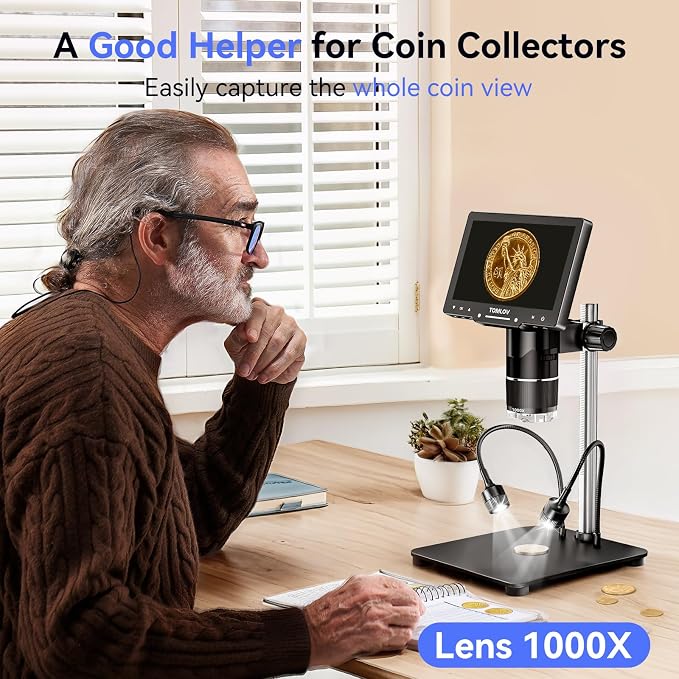 TOMLOV TriL107 3-Lens Digital Microscope: 7" 2500X 2K HD Coin Microscope