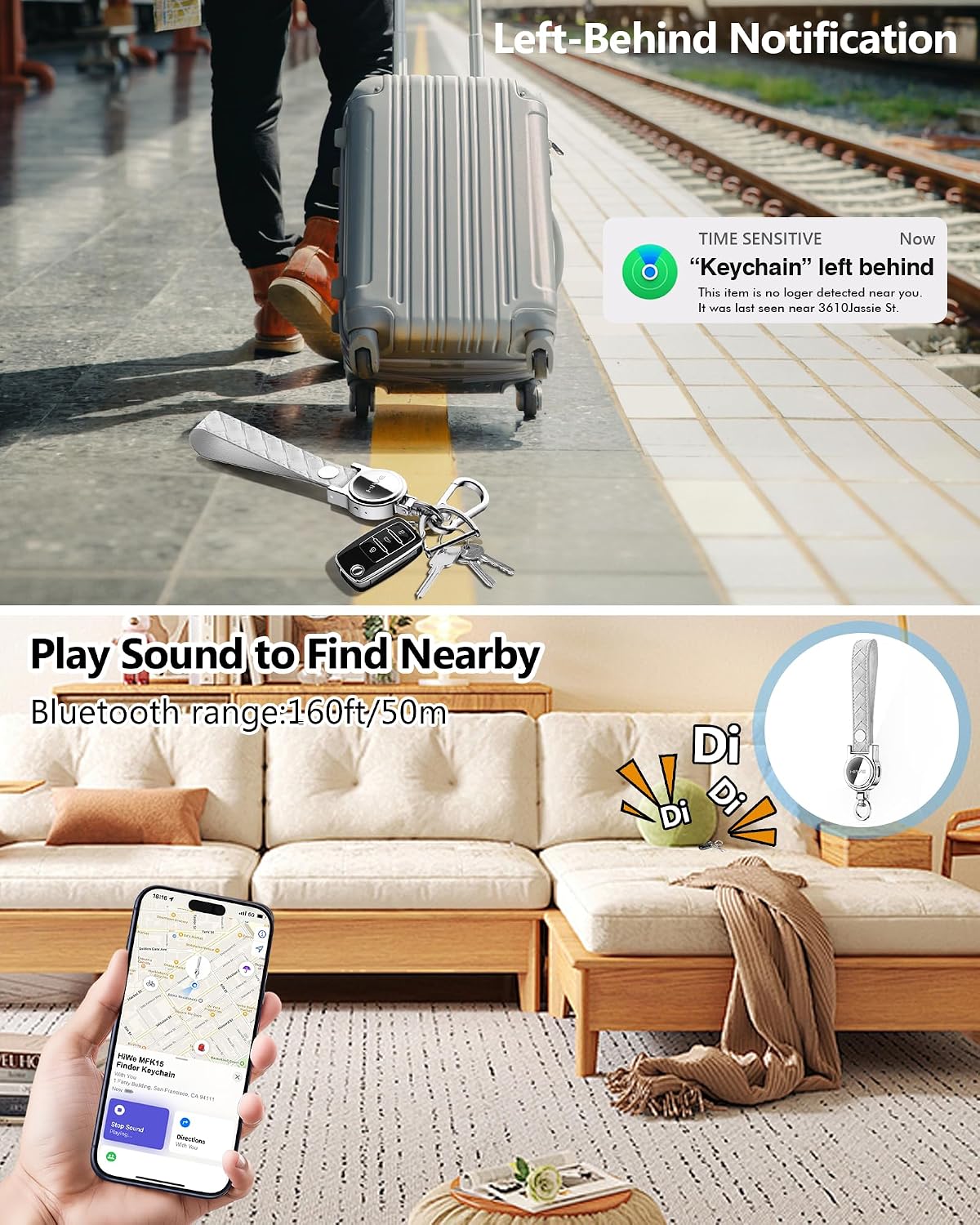 HiWe Anti-Lost Keychain, Works with Apple Find My, Carabiner Car Key Holder with Texture Leather Strap, Bluetooth Key Finder Tracker, USB-C Rechargeable, White