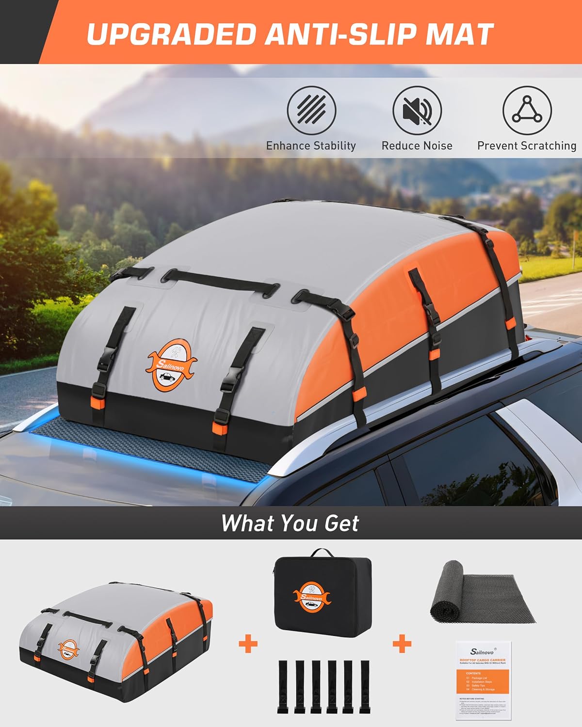 Sailnovo Rooftop Cargo Carrier Bag - 21 Cubic Feet, Waterproof Soft-Shell Design with Anti-Slip Mat & Straps