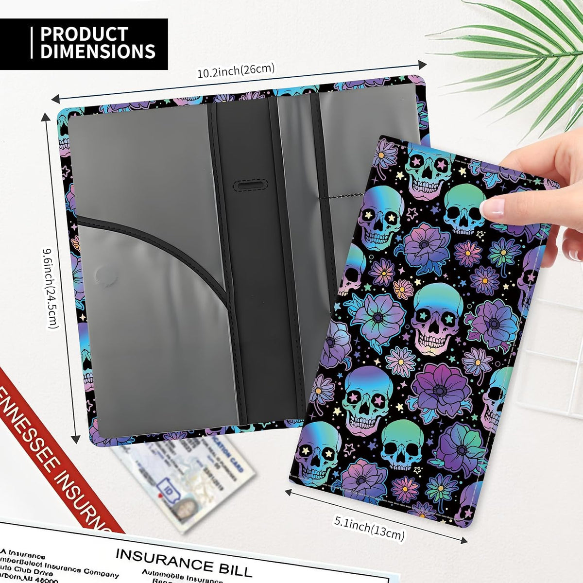 Leather Car Registration and Insurance Card Holder, Cute Car Accessories Vehicle Glove Box Car Organizer for Documents, Cards, License Colorful Skull Floral