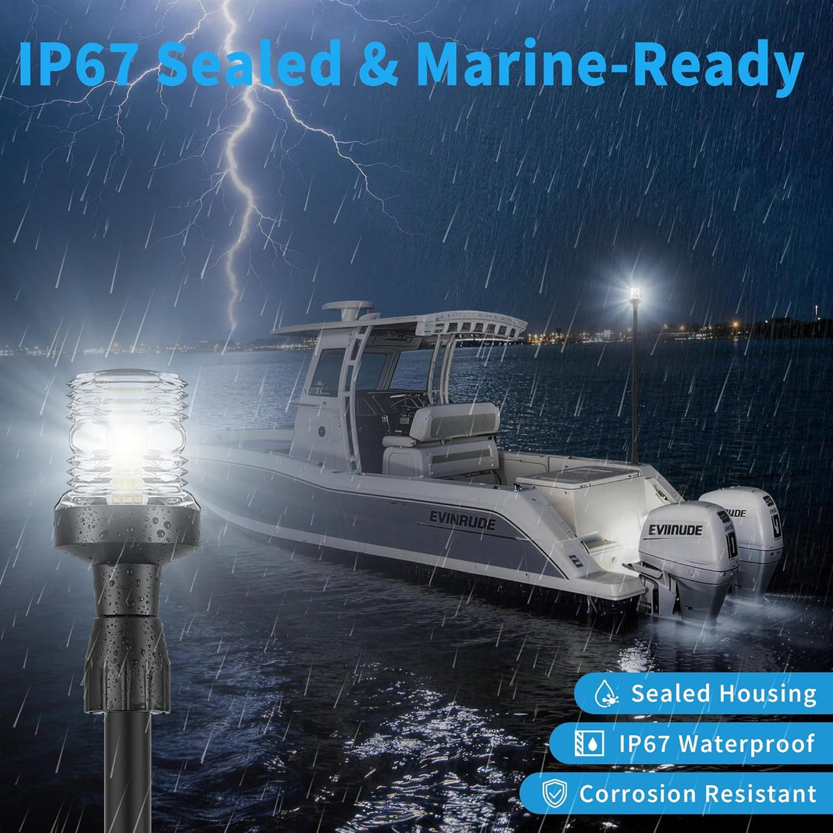 Obcursco LED Boat Stern Lights - Telescoping 27"-48" Navigation Light with 3NM Visibility | Black Base