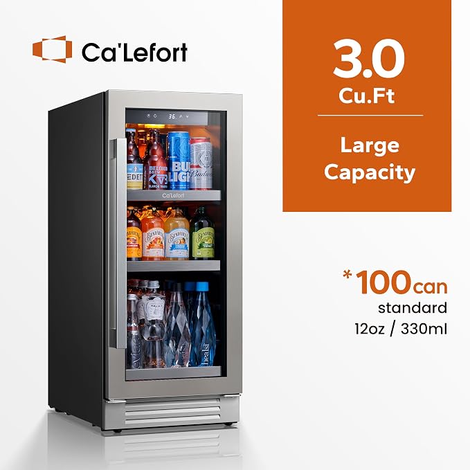 Ca'Lefort 15 Inch Beverage Refrigerator Cooler - 100 Can Mini Fridge with Glass Door for Soda Beer or Wine, 3 LED Compressor Fridge for Home Office Bar with 3 Adjustable Removable Shelves(3.0 cu.ft)