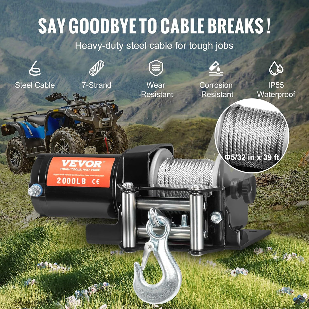 VEVOR ATV Winch, 2000 lb Electric Winch, 12V Small ATV UTV Winch with 5/32 in x 39 ft Steel Cable Roller Fairlead Wired Remote Control, IP55 Waterproof for Towing UTV ATV Car Vehicle Off-Road