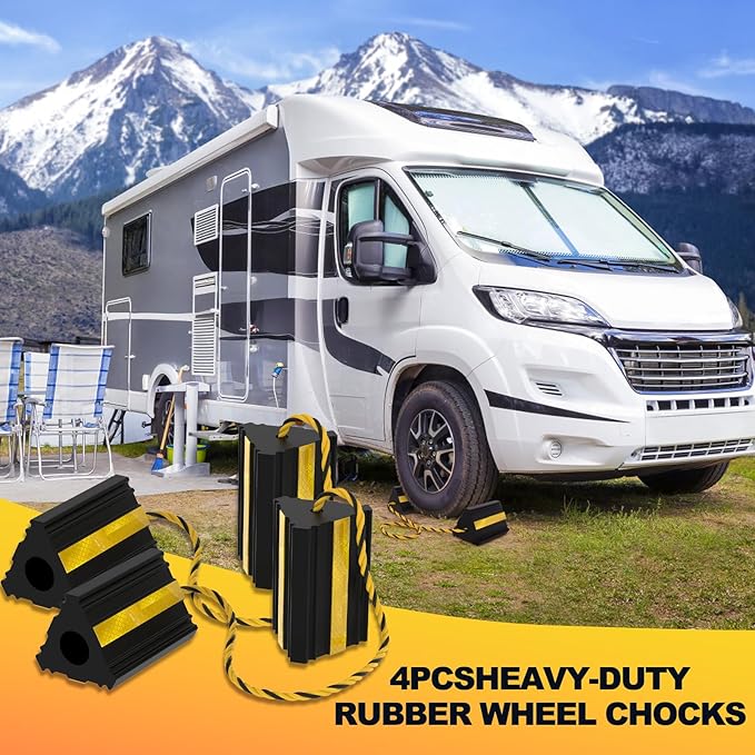 Okllen 2pair/4pack Wheel Chocks with Rope for RV Truck Trailer Camper Car, Heavy Duty Rubber Tire Chocks Blocks with 3 Reflective Strips, Anti-Roll Immobilizer Blocks