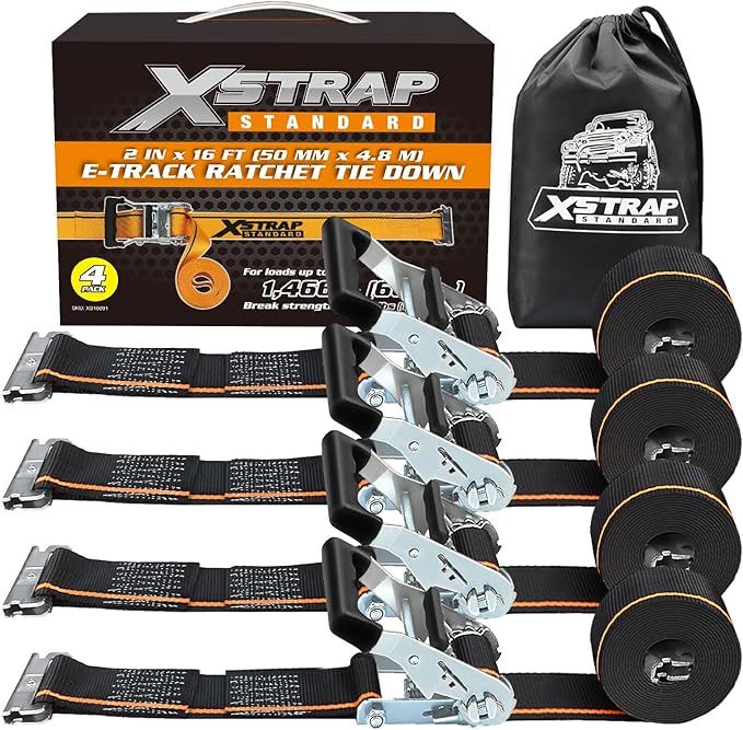 XSTRAP STANDARD 4 Pack E-Track Ratchet Straps 2" x16', 4400 LBS Break Strength Interior Van Solution Heavy Duty Tie Down Strap for Moving, Truck, Trailers, Motorcycles, Kayaks, Car Roof, Black