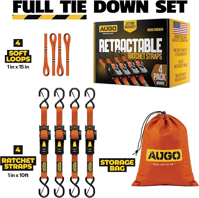 AUGO Retractable Ratchet Straps | 4 Heavy Duty Self Retractable Tie Down Straps with Soft Loops & Storage Bag for Motorcycle, Truck, Trailer, Cargo Van | 1200 Lb Break Strength 1' x 10'