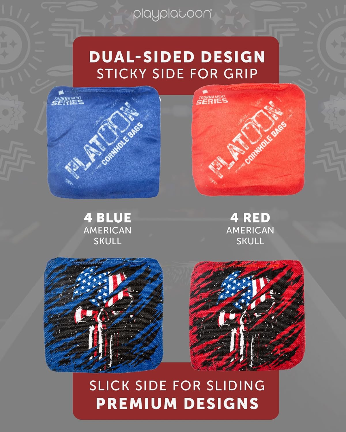 Play Platoon Pro Cornhole Bags - Set of 8 Professional Dual-Sided Slick & Sticky Bags | Tournament Series