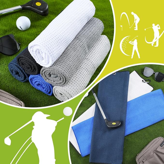 Cindeer 6 Pack Large Golf Towels, 16" x 24" Tri-fold Golf Towels, Microfiber Fabric Waffle Pattern Golfing Towel Portable with Heavy Duty Clip for Golfing Bag Remove Sand Dirt Mud Sweat(Multicolor)