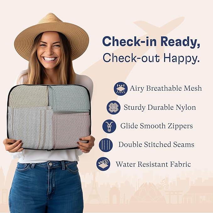 Shacke Premium 8 Packing Cubes Set - Lightweight Mesh Travel Luggage Organizers with Laundry Bag, 8-Piece Suitcase Storage System (Air Black)