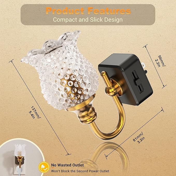 JandCase Night Light, 2 Pack Glass Night Lights Plug into Wall, Dimmable Floral