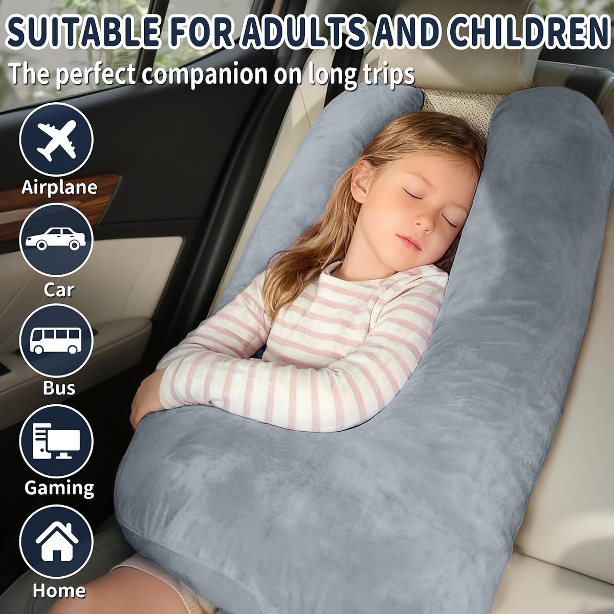 Travel Pillow,Car Pillow for Kids on Road Trip,Head and Neck Support,Pink | Car Travel Essentials Sleeping Pillow for Kids and Adults with Adjustable Strap,Plush Faux Fur, High-Resilience PP Cotton