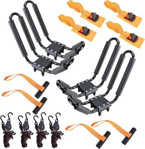 Kayak Roof Rack - Heavy Duty J-Bar Carrier for Canoes & Surf Skis | Fits SUVs, Trucks & Cars - Includes 8 Ratchet Straps