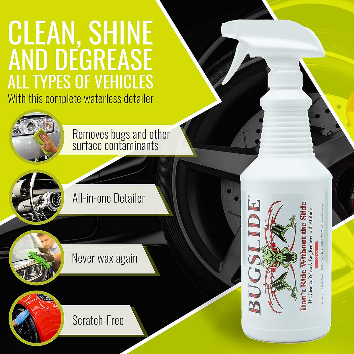 BugSlide Bug Remover – All Purpose Car Cleaner & Detailer Spray, For Vehicle Interior & Exterior Use, Shines, Degreases, Polishes, Wipes Away Bugs on Plastic, Metal,Glass, Windows, Mirrors, 32 oz
