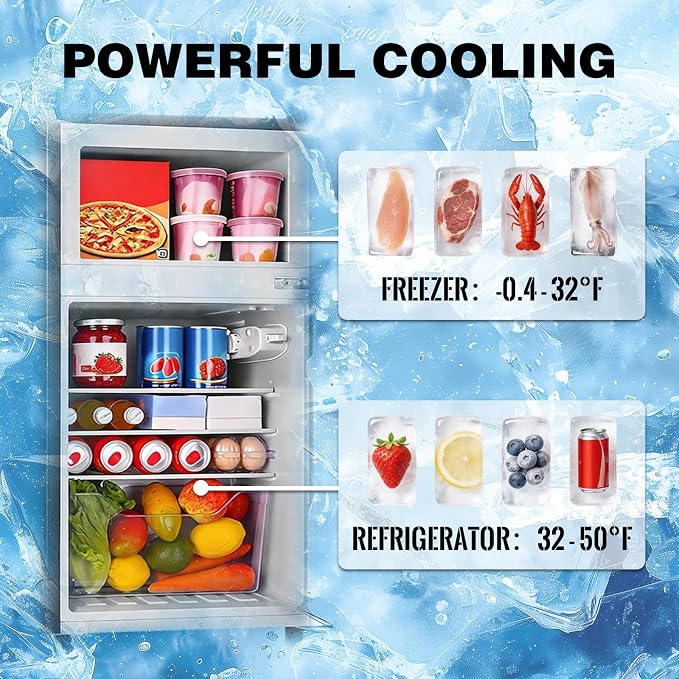 3.5 Cu.Ft Compact Refrigerator Gray, Dual-Door MIni Fridge for Home | 2 Removable Glass Shelves, Large Capacity with 7 Settings, Low Consumption for Dorm Apartment