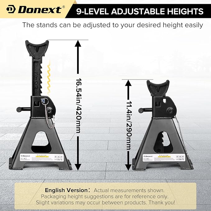 Donext Jack Stands, 3 Ton (6,000 lbs) Capacity Car Jack Stands Double Locking, 11.4"-16.54" Adjustable Height, Car Stand for Lifting, Black, 1 Pair