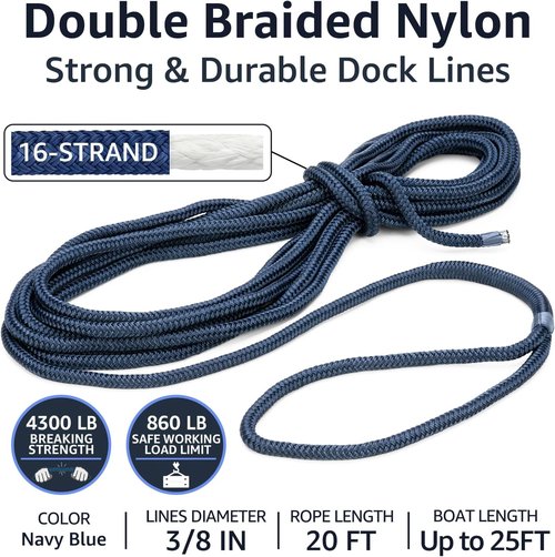 Double Braid Dock Lines by [Brand Name] - Heavy Duty Nylon Boat Ropes 3/8" x 20' with 12" Spliced Eye - Soft, Durable Marine Lines for Pontoon & Light Boats (Navy Blue)