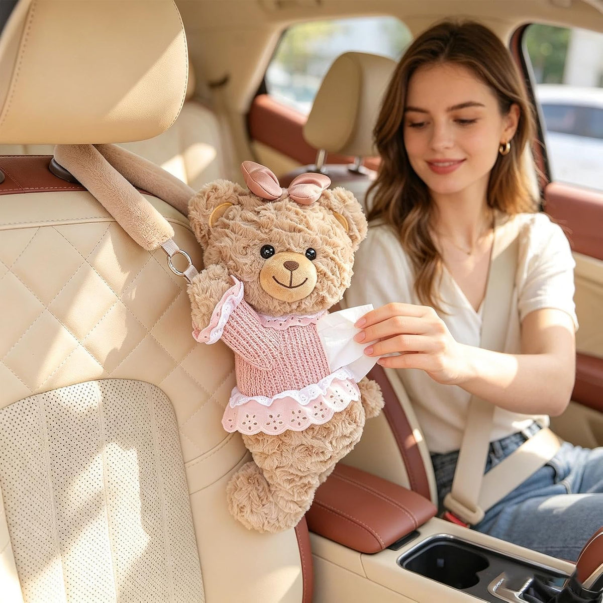 Car Tissue Holder, Plush Bear Decor, Auto Napkin Storage Box