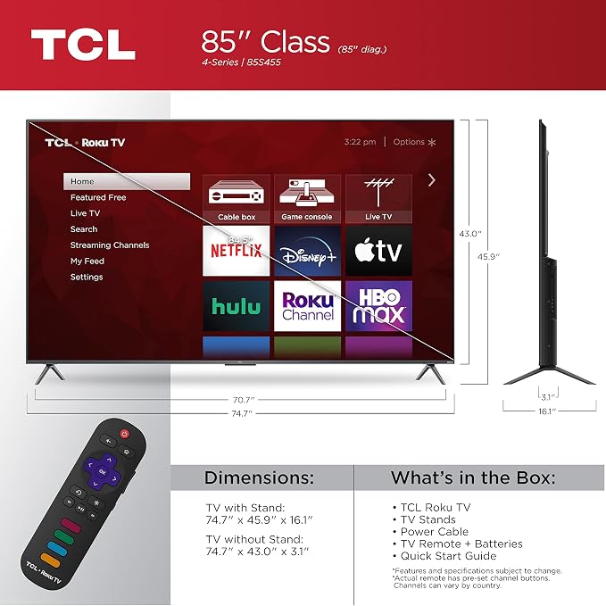 TCL 85" Class 4-Series 4K UHD HDR Smart Roku TV – 85S455