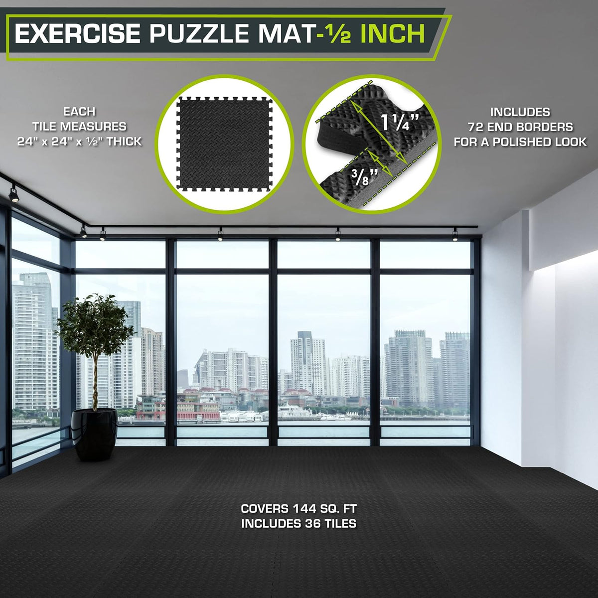 ProsourceFit Puzzle Exercise Mat - Water-Resistant EVA Interlocking Foam Tiles | 24" x 24" | Black, 144 Sq Ft (36 Tiles)