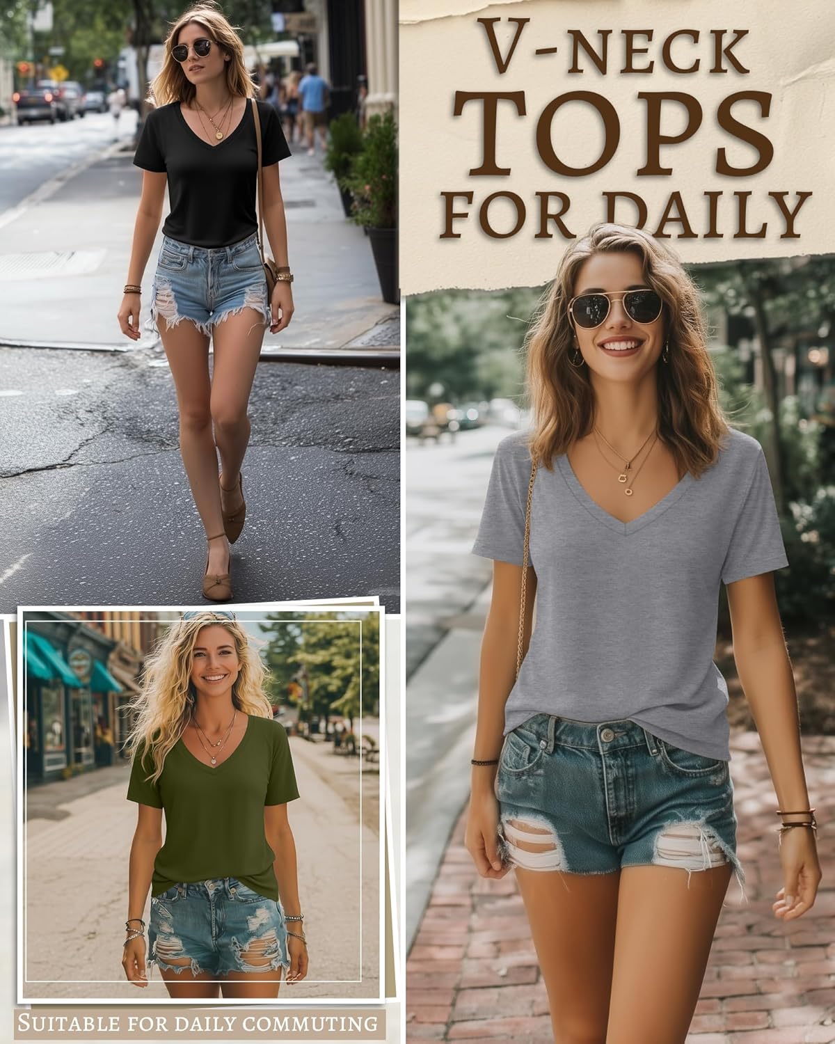 Riyiper Women's V-Neck T-Shirts - 3 Pack of Casual Short Sleeve Tops | Loose Fit & Trendy Design