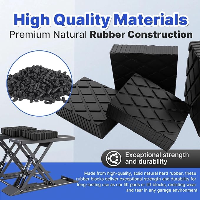 4 Pack 6-3/8" x 4-3/4" x 2" Solid Rubber Auto Lift Block Pads, Heavy-Duty Rubber Blocks for Car Lift Pads, Lift Blocks, Camper Stabilizer Jack Pads-Anti-Slip Texture,3000lb Capacity