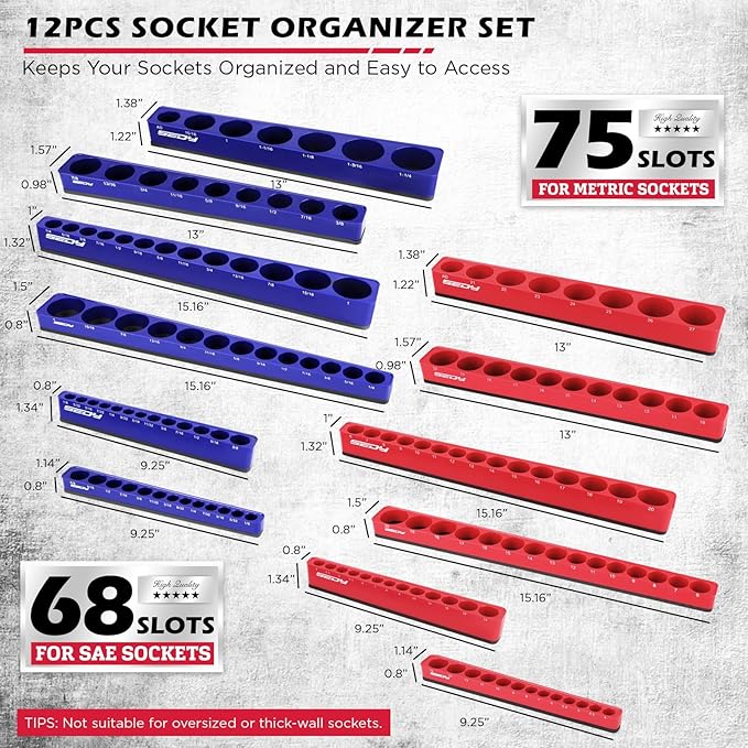 12-Piece 1/4" 3/8" 1/2"-Drive SAE & Metric Magnetic Socket Organizer Set (Holds 143 Sockets) -Detachable Tool Tray with 5mm Magnetic Base for Garage/Home(Sockets Not Included)