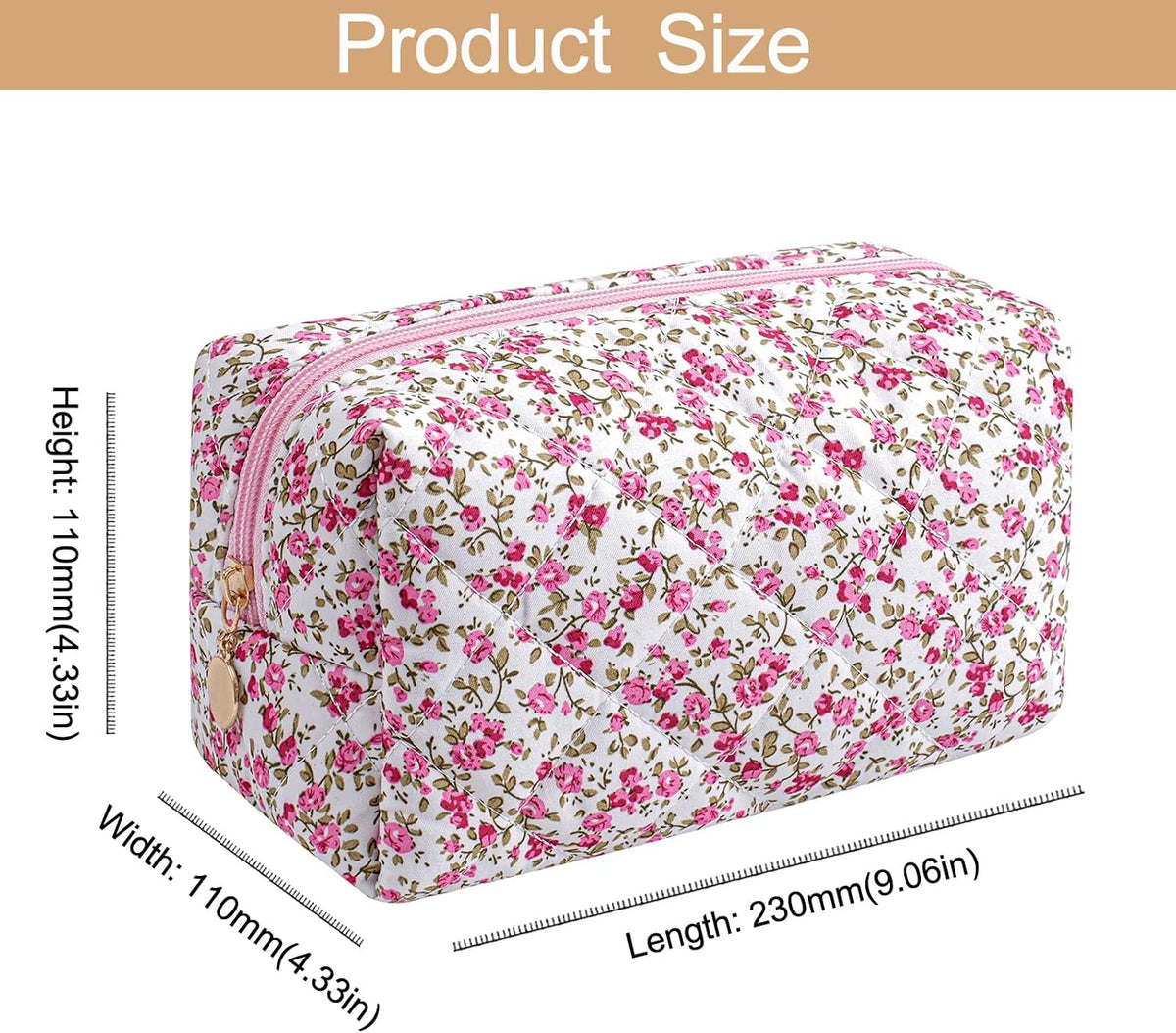 Makeup Bag Travel Cosmetic Bag for Women Girls, Zipper Make Up Pouch, Floral Flowers Toiletry Organizer Makeup, Portable Storage Cosmetic Travel Cloth Bag (Pink+Flower-Pink)