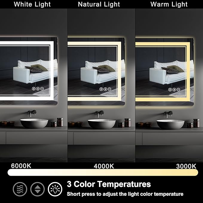20"x 28" LED Bathroom Mirror with Front and Backlight, Bathroom Vanity Mirror with 3 Color Adjustable, Stepless Dimmable Light, Anti-Fog, Memory Function, Vanity Mirror for Wall(Horizontal/Vertical).