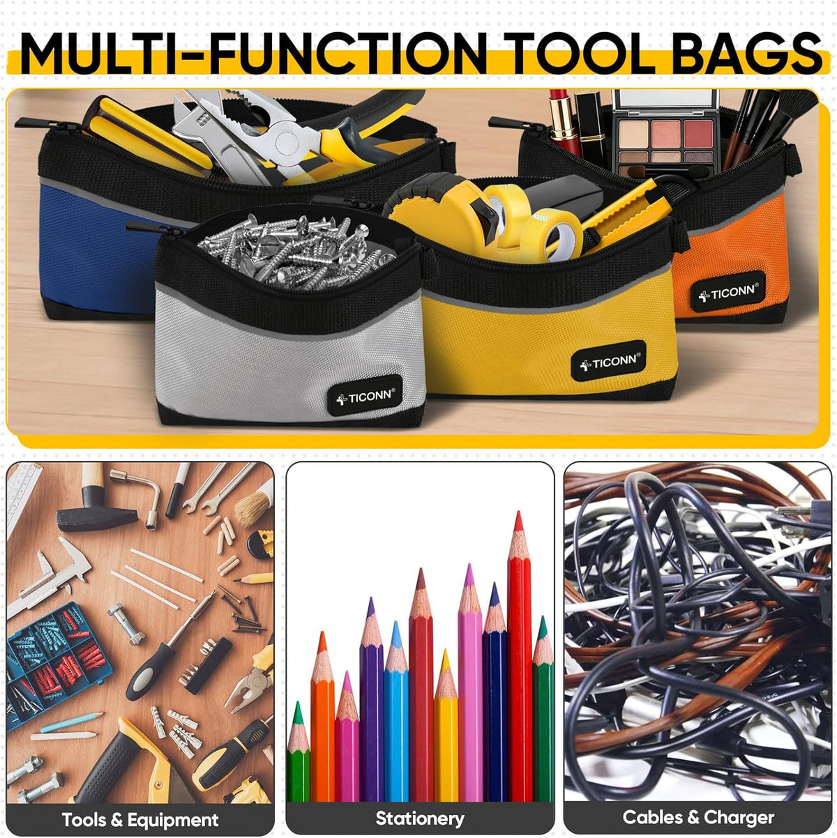 TICONN 3PK Tool Pouches with Zipper, Waterproof 1680D Oxford Small Tool Bag