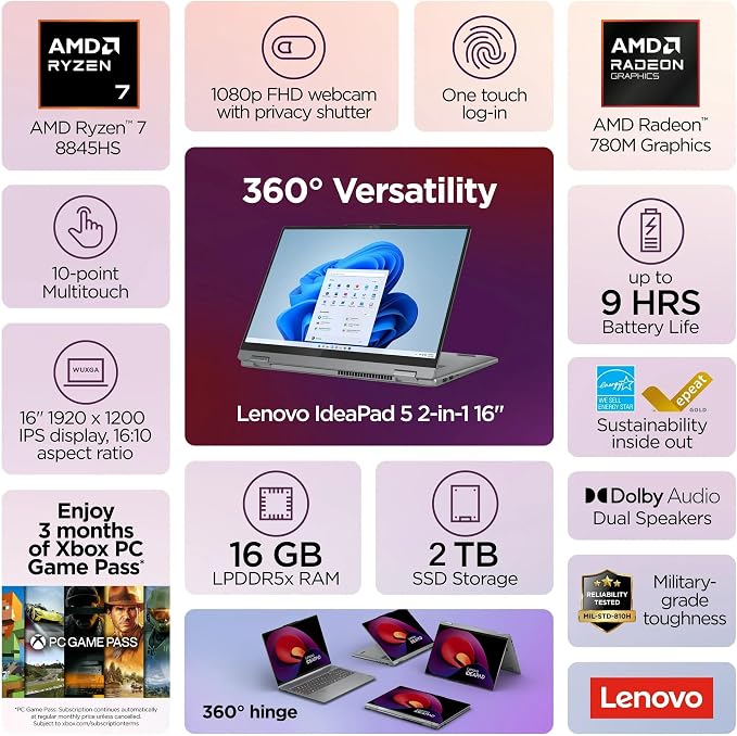 Lenovo IdeaPad 5 2-in-1 Laptop, 16" WUXGA Touchscreen, AMD Ryzen 7 8845HS, 16GB RAM, 2TB SSD, AMD Radeon Graphics, Backlit KB, Wi-Fi6, FP Reader, Win11, Luna Grey, w/USB Hub, W/GaLiMu
