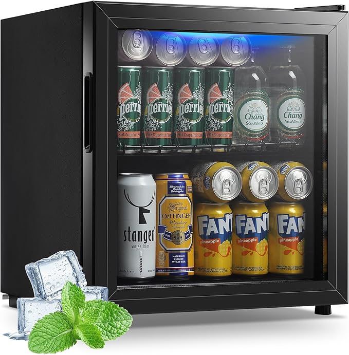 Beverage Refrigerator Cooler 1.6 Cu.Ft 60 Can Mini Small Fridge Black | Large Capacity with Glass Door, LED Light & Adjustable Shelves for Soda Beer Wine, Perfect for Home Bar Office