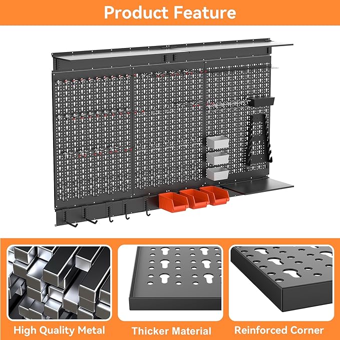 WALMANN 113 PCS Pegboard Wall Organizer Kit with Pegboard Hooks, Bins, Shelves, Pegboard Tools Storage System for Garage, Workbench, Modular Peg Board Tool Organizer Board with Hooks(Black)
