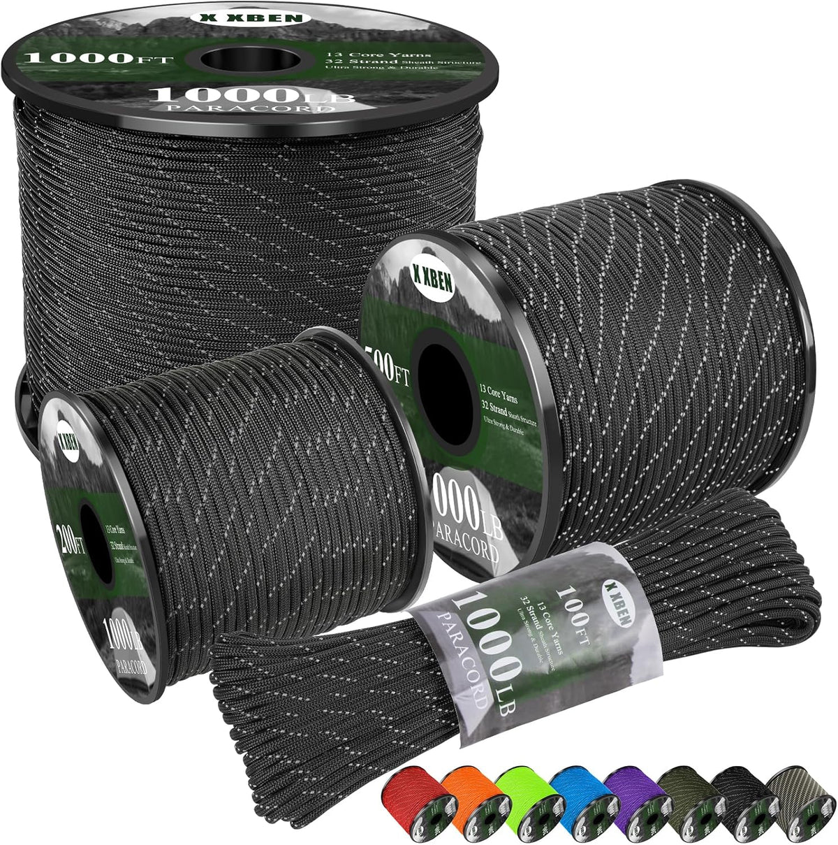 XXBEN Paracord Reflective 1000lb - Heavy Duty 4mm 13 Strand Rope for Camping, Fishing & DIY | Black