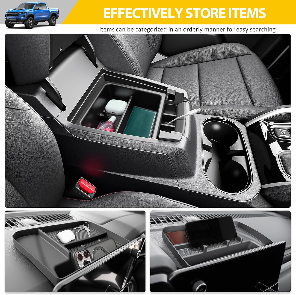 2PCS Center Console Organizer for 2023-2025 Chevy Chevrolet Colorado/GMC Canyon Armrest Tray and Dashboard Insert Storage Box for 2023 2024 2025 Colorado/Canyon Accessories