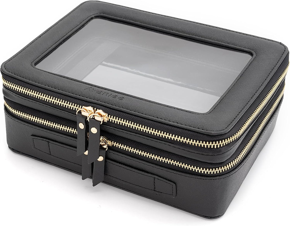 Aveniee XL Clear Makeup Organizer,Double Layer Travel Cosmetic Case with Brush Holder & Zippered Compartments,Big Toiletry Bag for Travel Accessories,2 Layers Large,Black