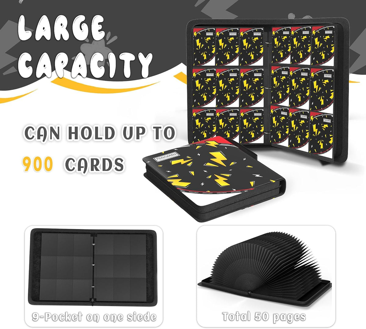 Trading Card Binder - 9 Pocket Album with 50 Removable Sleeves | Fits 900 Cards, Zipper Design, Black