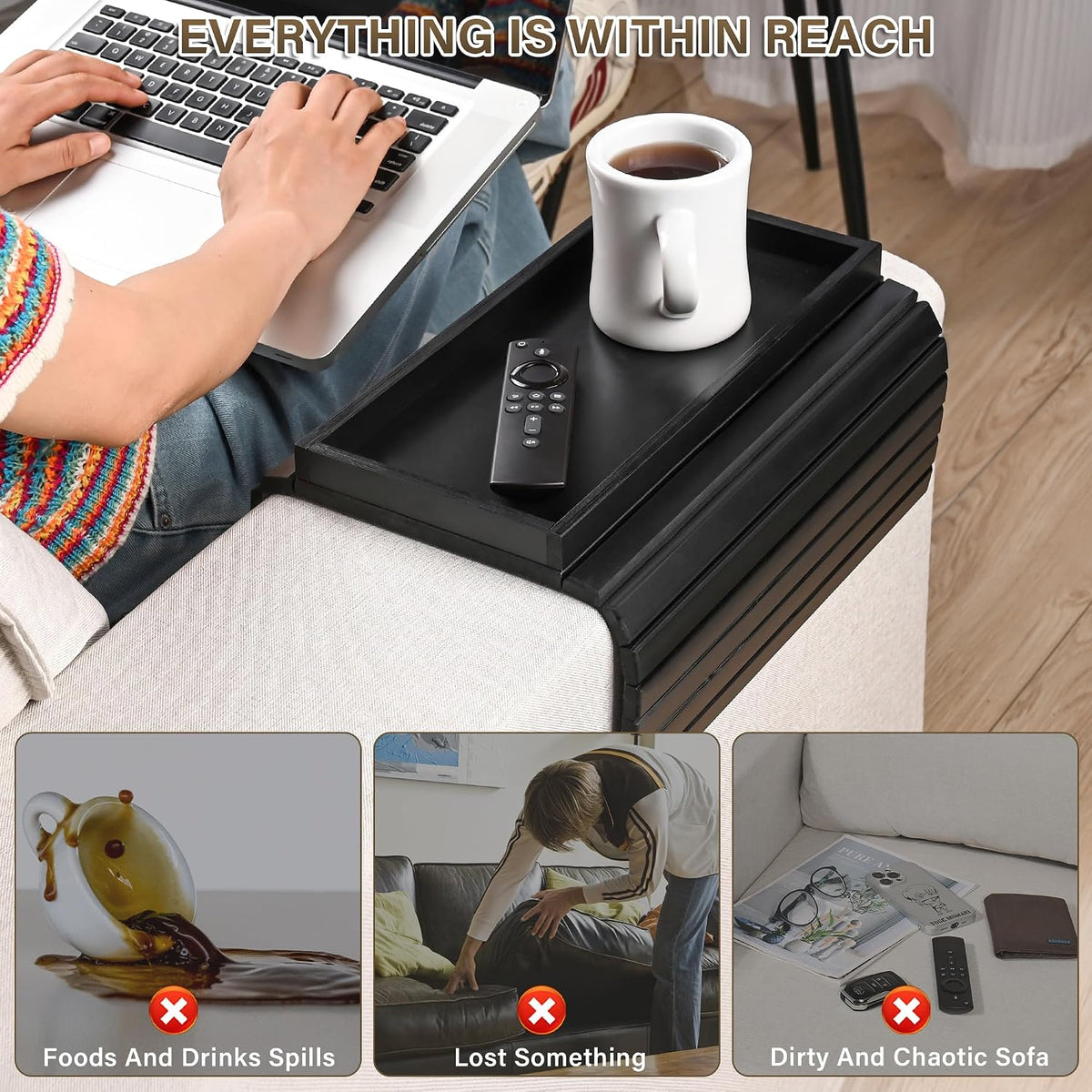 Bamboo Sofa Arm Tray, Anti-Dropping Couch Arm Tray, Foldable Sofa Armrest Tray Couch Arm Table for Eats, Drinks, Snacks, Remote, Cellphone, Cup Holder, Back Anti-Slip Pad Design