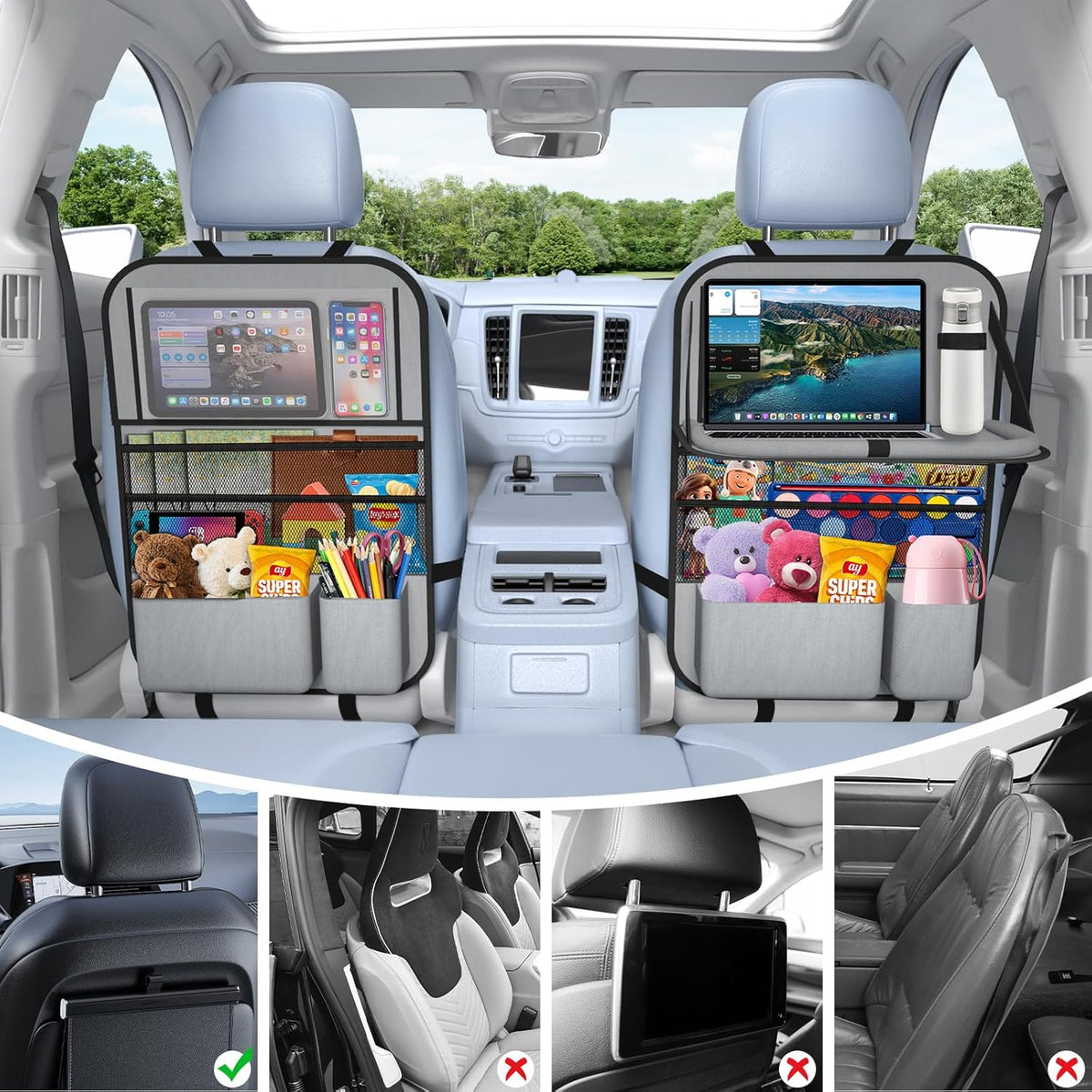 2PACK-Car Backseat Organizer with Touch Screen Tablet Holder,9 Storage Pockets Storage Organizer with Foldable Food Tray, Protector Kick Mats for Kids, Travel Accessories Organizer (Grey)