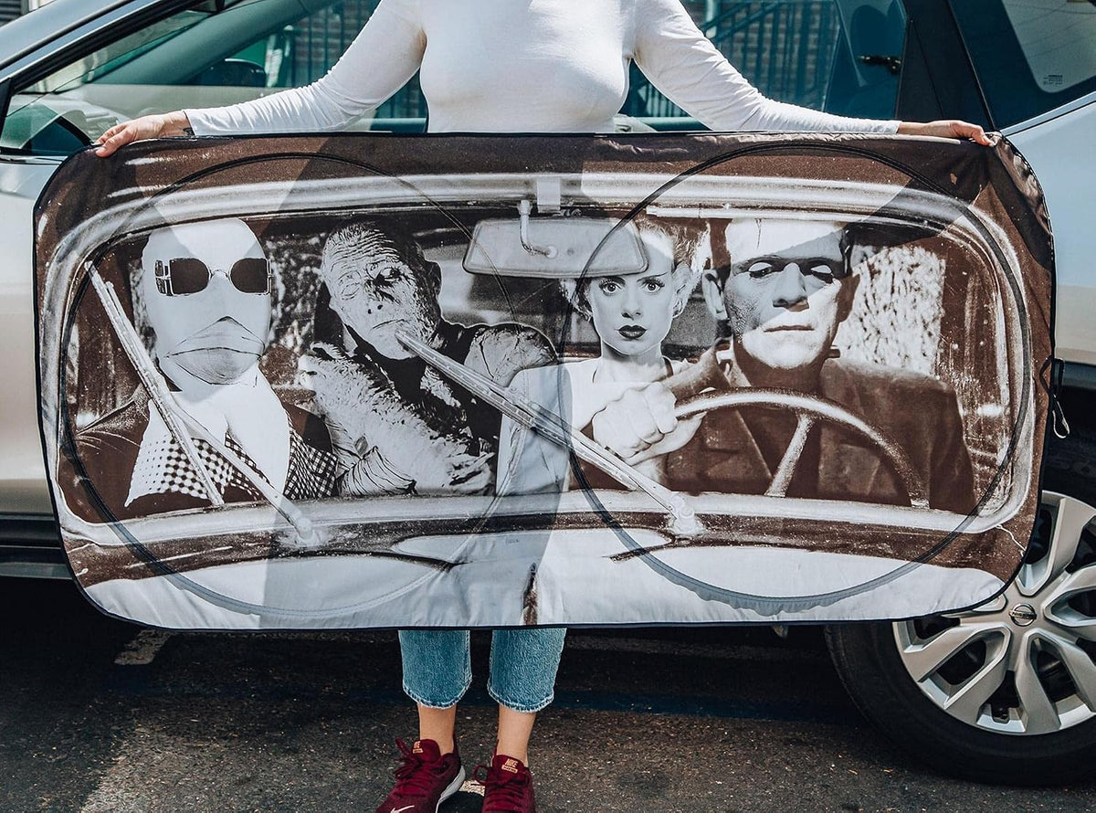Universal Monsters Classic Horror Movie Sunshade for Windshield | Foldable Sun Visor Protector for Cars, Trucks, SUVs | Blocks UV Rays and Sun Glare | 64 x 32 Inches