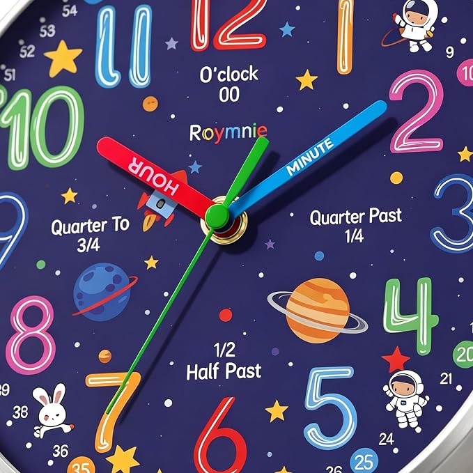 Roymnie Wall Clock Learning to Tell Time Easily Non Ticking Battery Operated