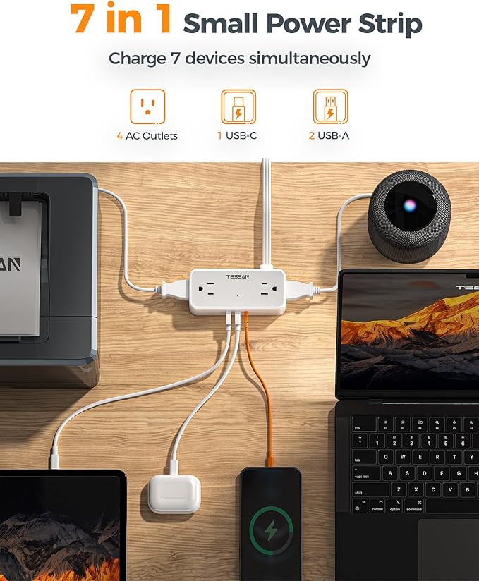TESSAN Flat Plug Extension Cord 25 FT, Surge Protector Power Strip with 4 AC Outlets 1 USB C and 2 USB A Ports, 900 Joules Protection, Multiple Wall Outlet Extender Suitable for Office Dorm, Grey