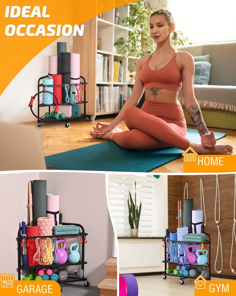 PLKOW Yoga Mat Storage Rack, Home Gym Organizer for Foam Roller, Resistance Bands, Block and Dumbbells, Rolling Workout Rack With Wheels and Hooks, Powder Coated Finish Steel