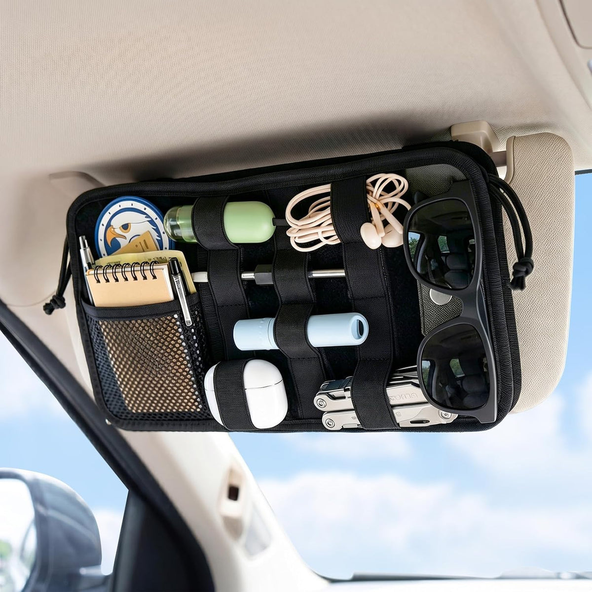 TICARVE Car Sun Visor Organizer Heavy 1000D Nylon MOLLE Pouch Zipper Black