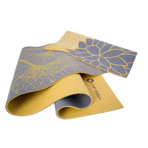 CAP Barbell Yoga Mat with Carry Strap, 5mm, Reversible Dahlia Design, Yellow/Gray