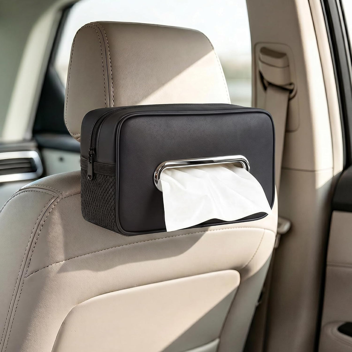 2PC Car Tissue Box Holder PU Leather Car Organizer with Side Storage Pocket
