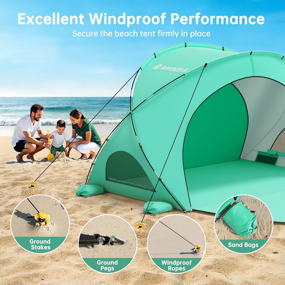 Raynesys Beach Tent - Portable Sun Shelter for 1-3 People | Green Shade with 2 Zippered Doors