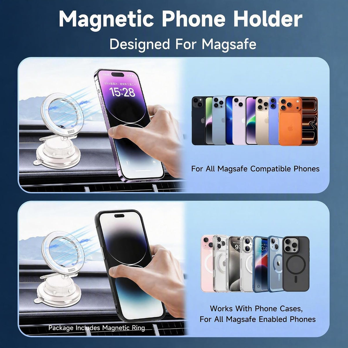 Car Phone Holder, 360° Adjustable Suction Cup Universal Phone Mount, Multi-Scene for Car Office Gym Home, Compatible with iPhone 17/16 Pro Max & Other Magnetic Phones (White)