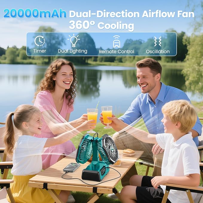 Dual Head Portable Rechargeable Fan 20000mAh Battery Powered Fan Camping Cordless with 360° Air Delivery, LED Lantern & Remote, Auto Oscillation, Battery Operated for Tent Office Travel Picnic Jobsite