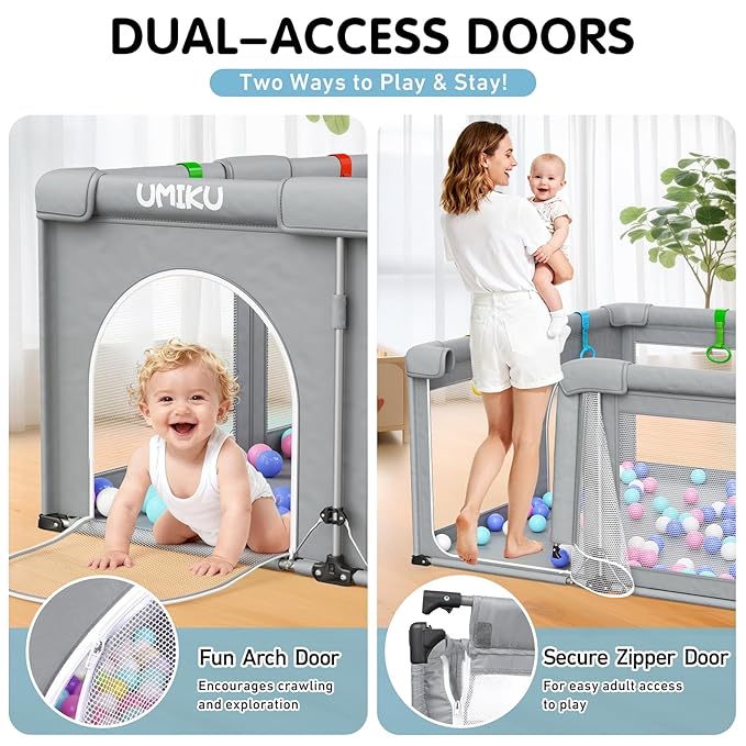 Baby Playpen Foldable Playpen for Babies and Toddlers, Large Playpens Portable Play Pen with 2 Doors Safety Area for Kid Fence Travel Indoor Outdoor Baby Boy Girl Gifts Newborn Essentials 50"X50" Grey