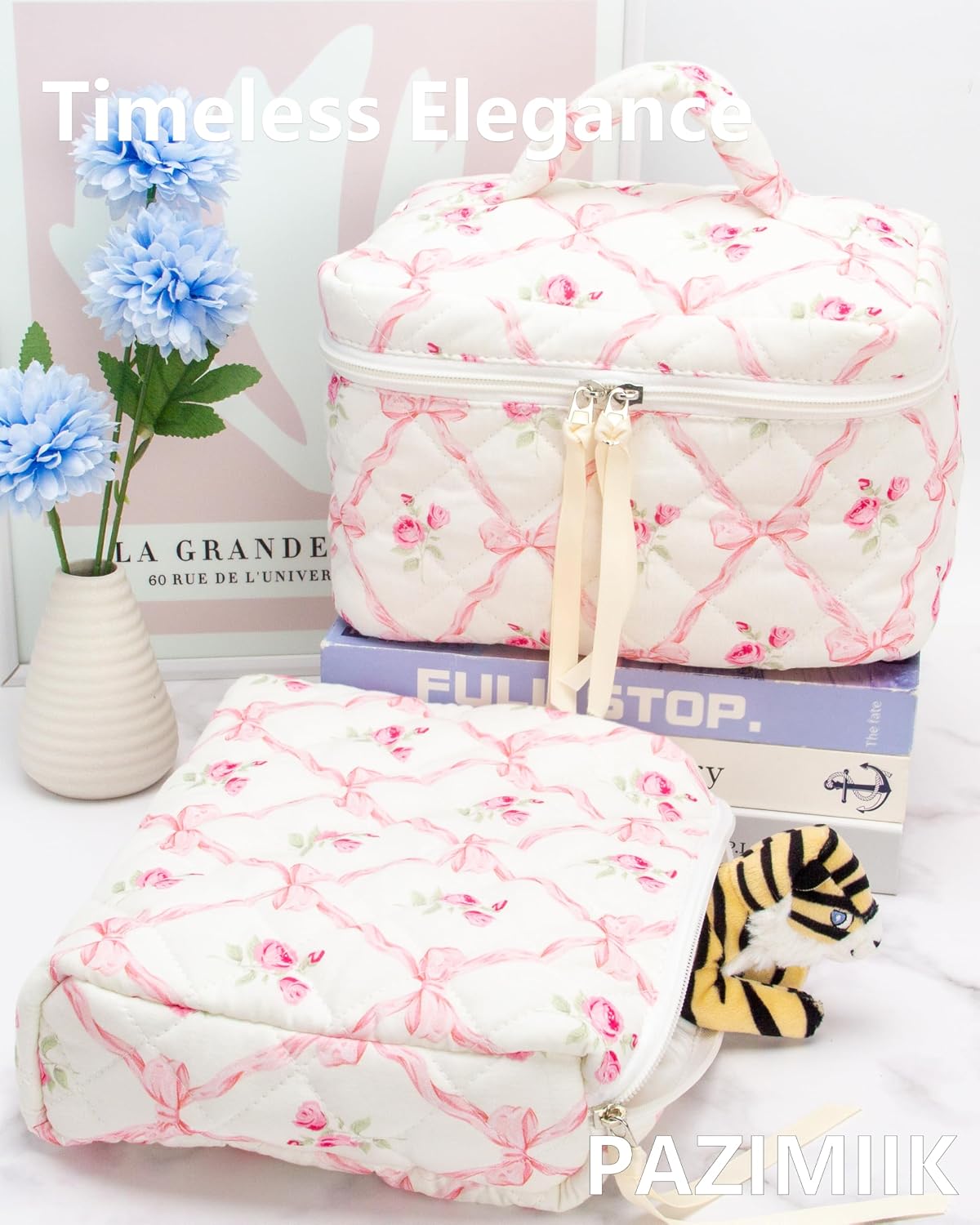 Quilted Makeup Pouch for Women, Travel Cosmetic&Toiletry Bag,Bow Rose